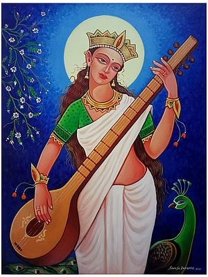 Maa Saraswati Playing Sitar | Acrylic on Canvas | By Santosh Narayan Dangare