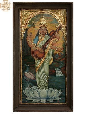 26" Maa Saraswati Standing on White Lotus | Tanjore Painting with Frame | Art by Rajaraman