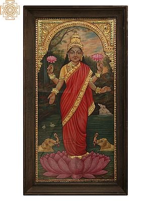 26" Maa Lakshmi Standing on Pink Lotus Tanjore Painting with Frame | Art by Rajaraman
