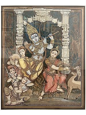 Radha - Krishna and Devotees | Gold Foil Work | Mysore Painting with Frame