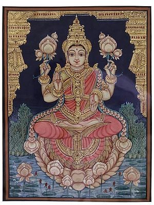 Blessing Maa Lakshmi Tanjore Painting with Frame | Embossed Gold Work