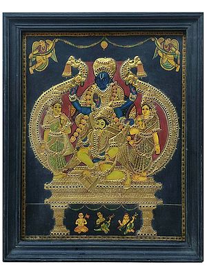 Lord Vishnu Shridevi And Bhudevi - Trio | Gold Foil Work | Tanjore Painting With Frame