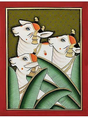 Cow with Banana Leaves | Natural Color on Cloth | By Praveen Munot