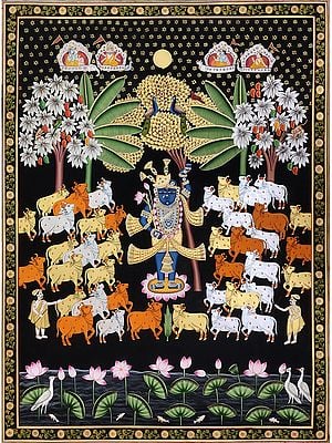 Shrinathji With Cows (Dark Theme) | Natural Color On Cloth | By Praveen Munot