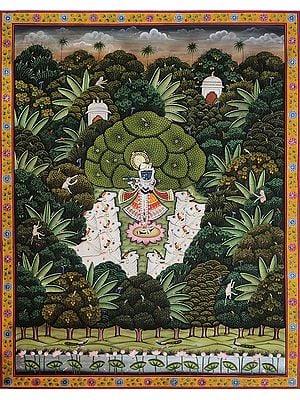 Shrinathji In Vana-Pichwai Art | Natural Color On Cloth | By Praveen Munot