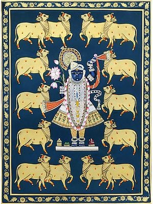 Standing Shrinathji With Cows | Natural Color On Cloth | By Praveen Munot