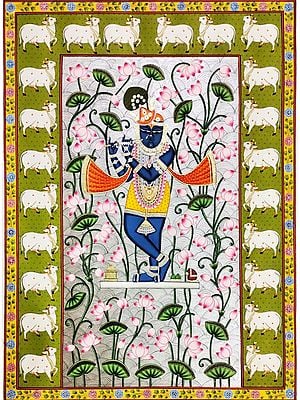 Shrinathji With Beautiful Lotus | Natural Color On Cloth | By Praveen Munot