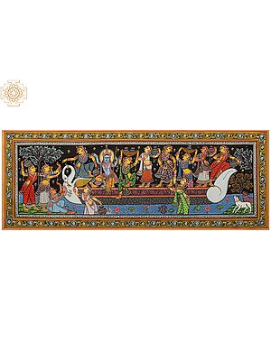 Lord Krishna with Gopis Nauka Vihar Patachitra Painting | Natural Color Painting on Tussar Silk
