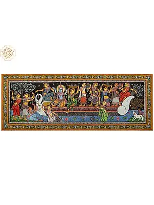 Lord Krishna with Gopis Nauka Vihar Patachitra Painting | Natural Color Painting on Tussar Silk