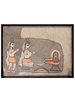 Ram and Lakshman worshipping Shiva Lingam Madhubani Painting