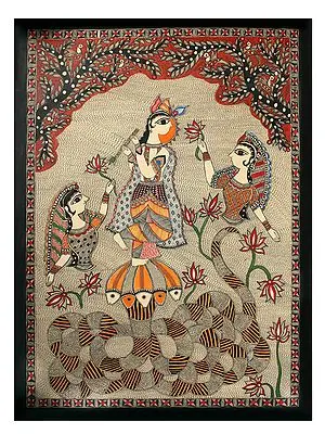 Lord Krishna Subduing Kaliya and Being Worshipped By Mermaids | Madhubani Painting