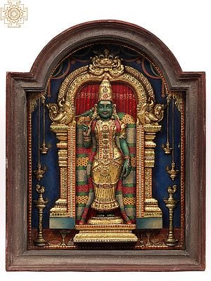 Goddess Meenakshi | 22 Karat Gold Embossed Work | Arch Shape Teakwood Frame