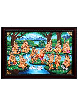 Musical Ganeshas Tanjore Painting | 22 Karat Gold Work | With Frame