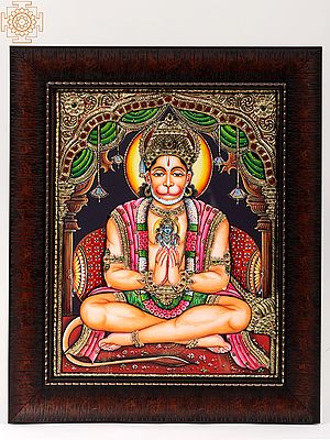 Lord Hanuman in Namaste Mudra | Tanjore Painting with Wood Frame