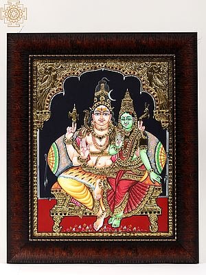 Blessing Shiva Parvati Framed Tanjore Painting