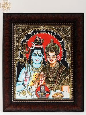 Framed Blessing Shiva Parvati Tanjore Painting