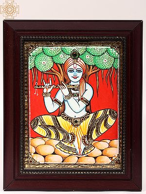 Fluting Krishna Framed Tanjore Painting