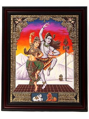 Dancing Shiva Parvati Framed Tanjore Painting