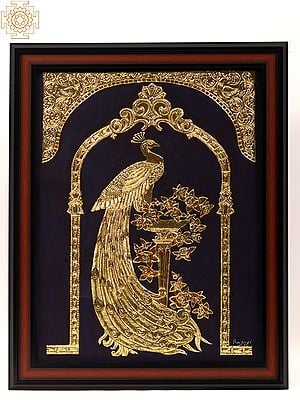 Golden Peacock with Long Tail | Framed Tanjore Painting