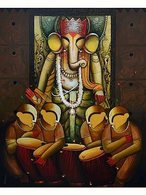 Lord Ganesha With Devoties | Acrylic On Canvas | By Anupam Pal