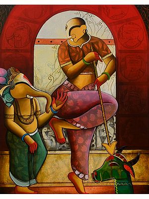 Painting of Devi and Ganesha | Acrylic on Canvas | By Anupam Pal