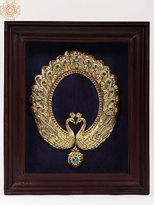 Framed Embossed Paired Peacock | Tanjore Painting