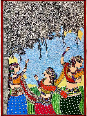 Gopies Under The Tree | Mixed Media On Paper | By Jyoti Singh