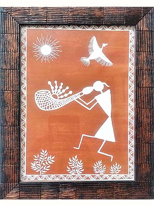 Warli Tarpa Dance Framed Painting | Watercolor On Handmade Paper | By Gaurav