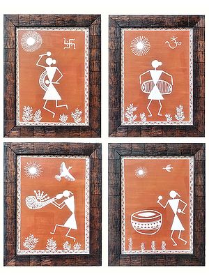 Warli Figures Of Instrumatic Dance - Set Of 4 | Watercolor On Handmade Paper (Framed) | By Gaurav Rajput