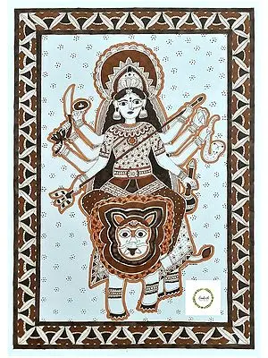 Goddess Durga Sitting on Lion | Watercolor on Paper | By Chetansi