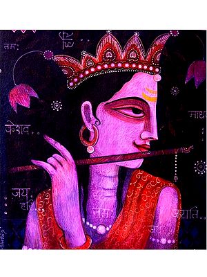 Fluting Krishna | Tempera on Canvas | Painting by Atin Mitra