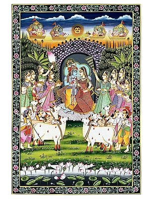 Radha Krishna Being Worshipped By Gods and Villagers | Pichhwai Art