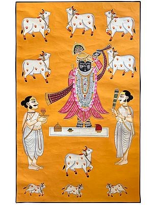 Shrinathji Worshipped By Priests With Cows | Pichhwai Art
