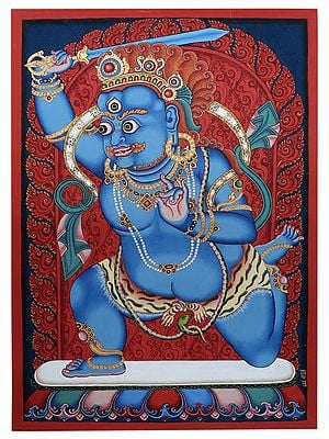 Furious Buddhist Deity Vajrapani With Sword From Nepal | Thangka Painting