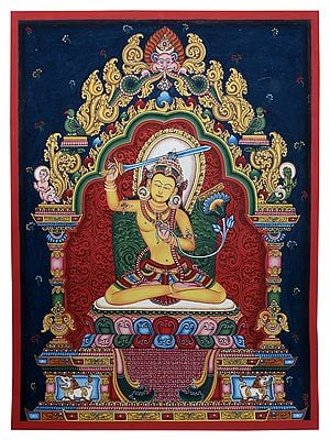 Buddhist Deity Manjushree Seated On Royal Throne From Nepal | Thangka Painting