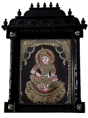 Hindu Goddess Annapurna In Mandapam Frame | Traditional Colour With 24 Karat Gold | With Frame