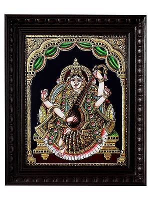 Traditionally Dressed Goddess Saraswati | Traditional Colour With 24 Karat Gold | With Frame