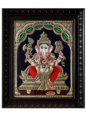 Ornamented God Ganesha With Modak | Traditional Colour With 24 Karat Gold | With Frame