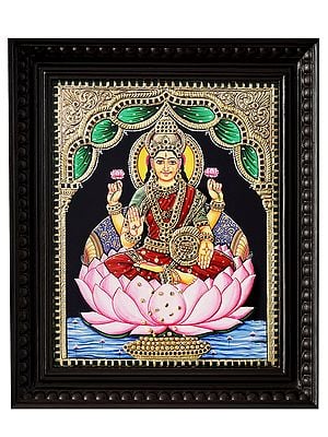 Goddess Lakshmi On Lotus Showering Wealth | Traditional Colour With 24 Karat Gold | With Frame