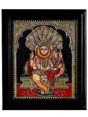 Deities Narasimha Lakshmi with Protecting Sheshnag | Tanjore Painting with 24 Karat Gold | with Frame