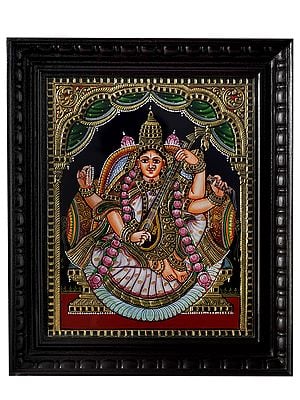 Goddess of Music Saraswati With Lotus Garland | Traditional Colour With 24 Karat Gold | With Frame