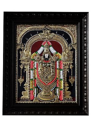 Ornamented Tirupati Balaji Tanjore Painting | Traditional Colour with 24 Karat Gold | With Frame