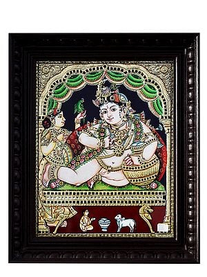 Bala Krishna Savouring the Butter | Tanjore Painting with Frame | Traditional Colour with 24 Karat Gold