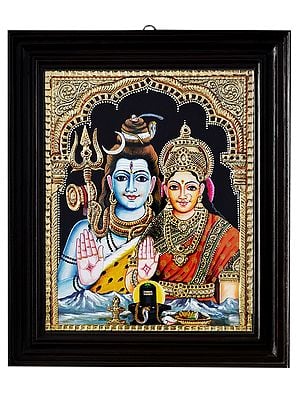 Shiva Parvati Giving Blessings | Tanjore Painting with Frame | Traditional Colour with 24 Karat Gold