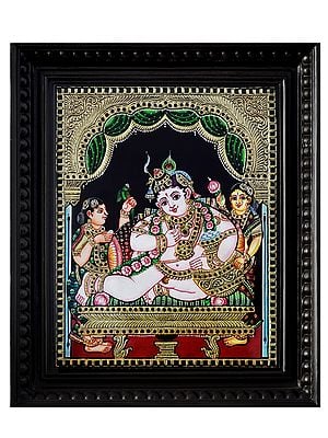 Butter Krishna with Apasaras | Traditional Colour with 24K Gold | Tanjore Painting with Frame