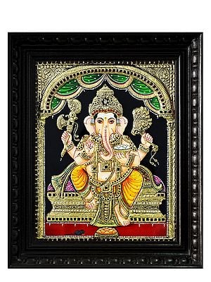God Ganesha with Modak | Tanjore Painting with Frame | Traditional Colour with 24 Karat Gold