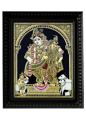 Ornamented Radha Krishna Tanjore Painting with Frame | Traditional Colour with 24 Karat Gold