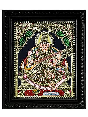 Traditionally Dressed Goddess Saraswati Playing Veena | Traditional Colour With 24 Karat Gold | With Frame