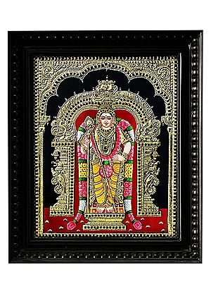 God Murugan Standing with Arch | Tanjore Painting with Frame | Traditional Colour with 24K Gold