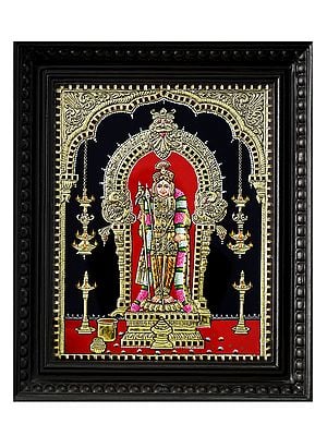 Hindu God Murugan (Kartikeya) Standing Inside Arch | Traditional Colour With 24 Karat Gold | With Frame